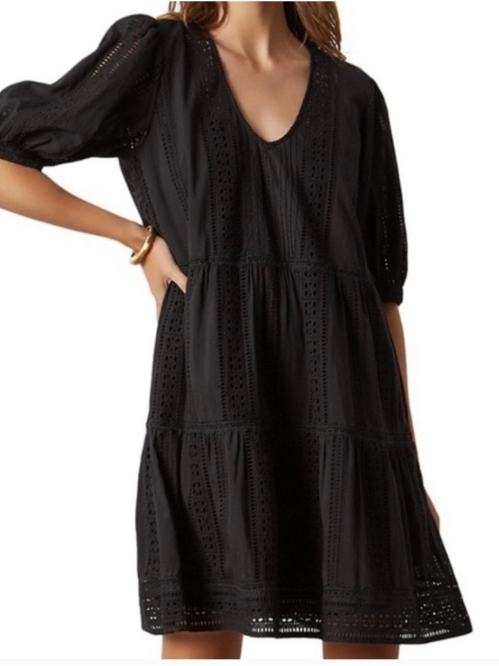 Velvet by Graham & Spencer Black Eyelet Tiered Mini Dress